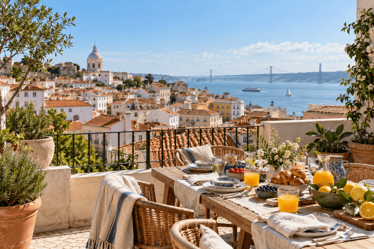 A sunny rooftop breakfast overlooking Lisbon